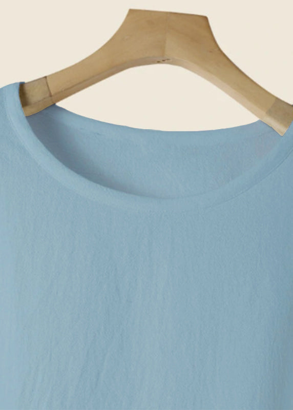 Simple Blue O Neck Loose Cotton Shirt Tops Summer