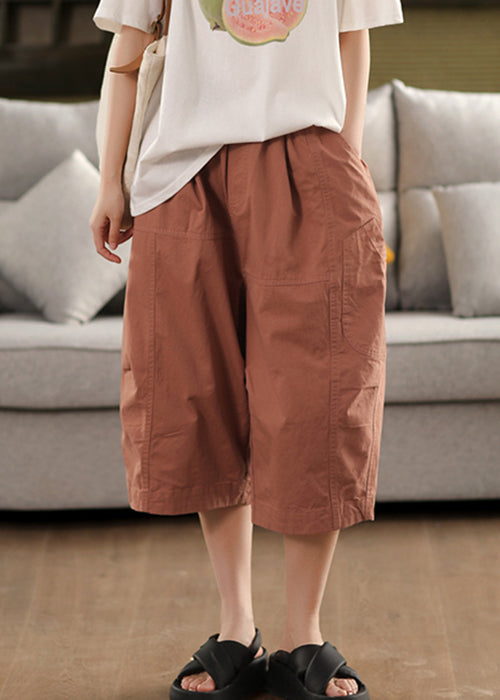 Simple Brick Red Pockets Elastic Waist Cotton Crop Pants Summer