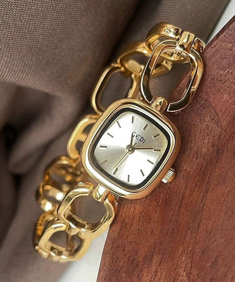 Simple Gold Alloy Hollow Out Square Reinforced Glass Watches