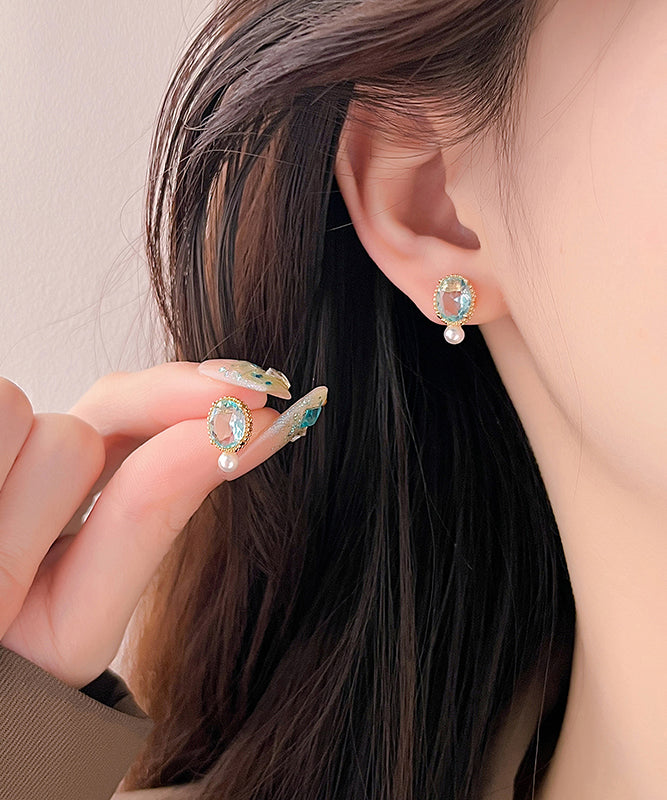 Simple Gold Sterling Silver Overgild Pearl Zircon Stud Earrings