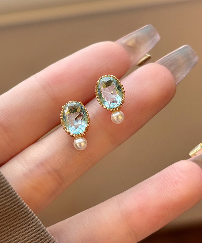 Simple Gold Sterling Silver Overgild Pearl Zircon Stud Earrings