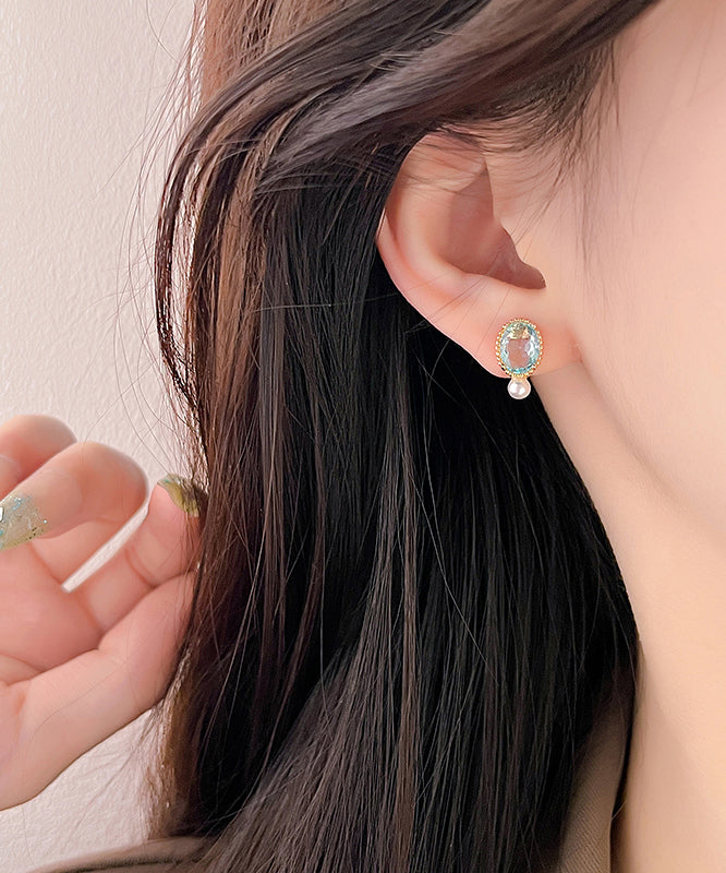 Simple Gold Sterling Silver Overgild Pearl Zircon Stud Earrings