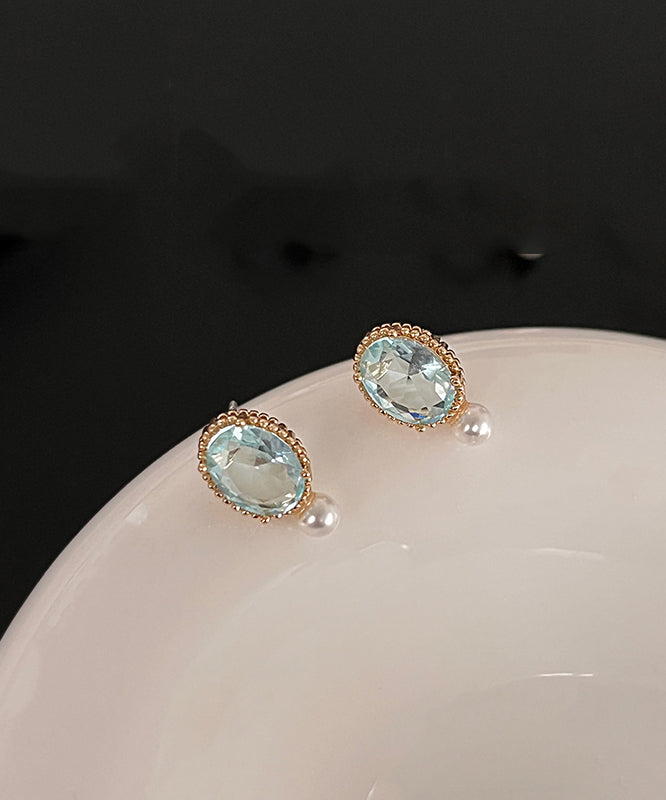 Simple Gold Sterling Silver Overgild Pearl Zircon Stud Earrings