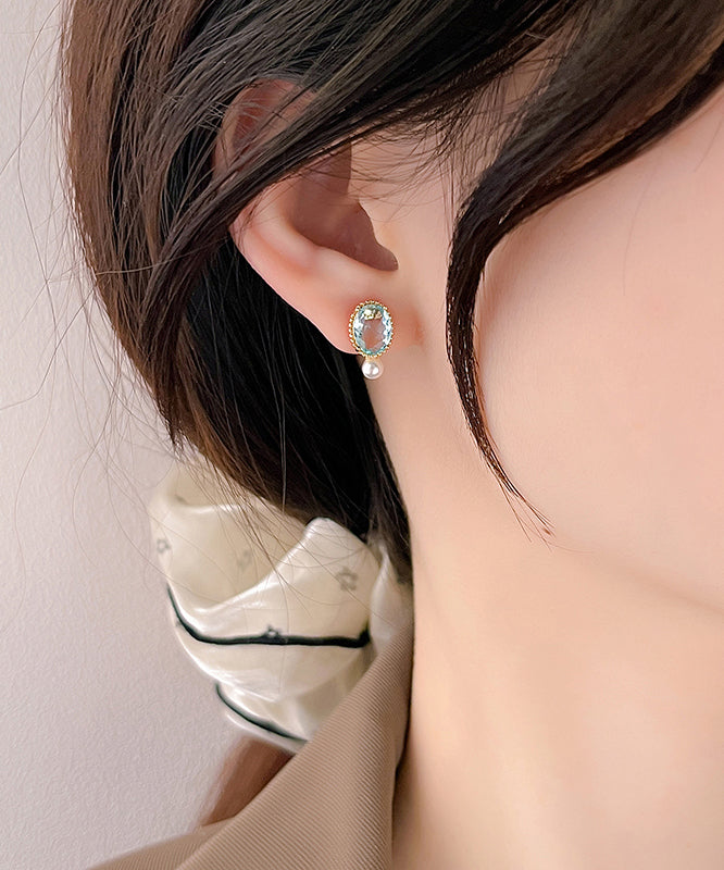 Simple Gold Sterling Silver Overgild Pearl Zircon Stud Earrings