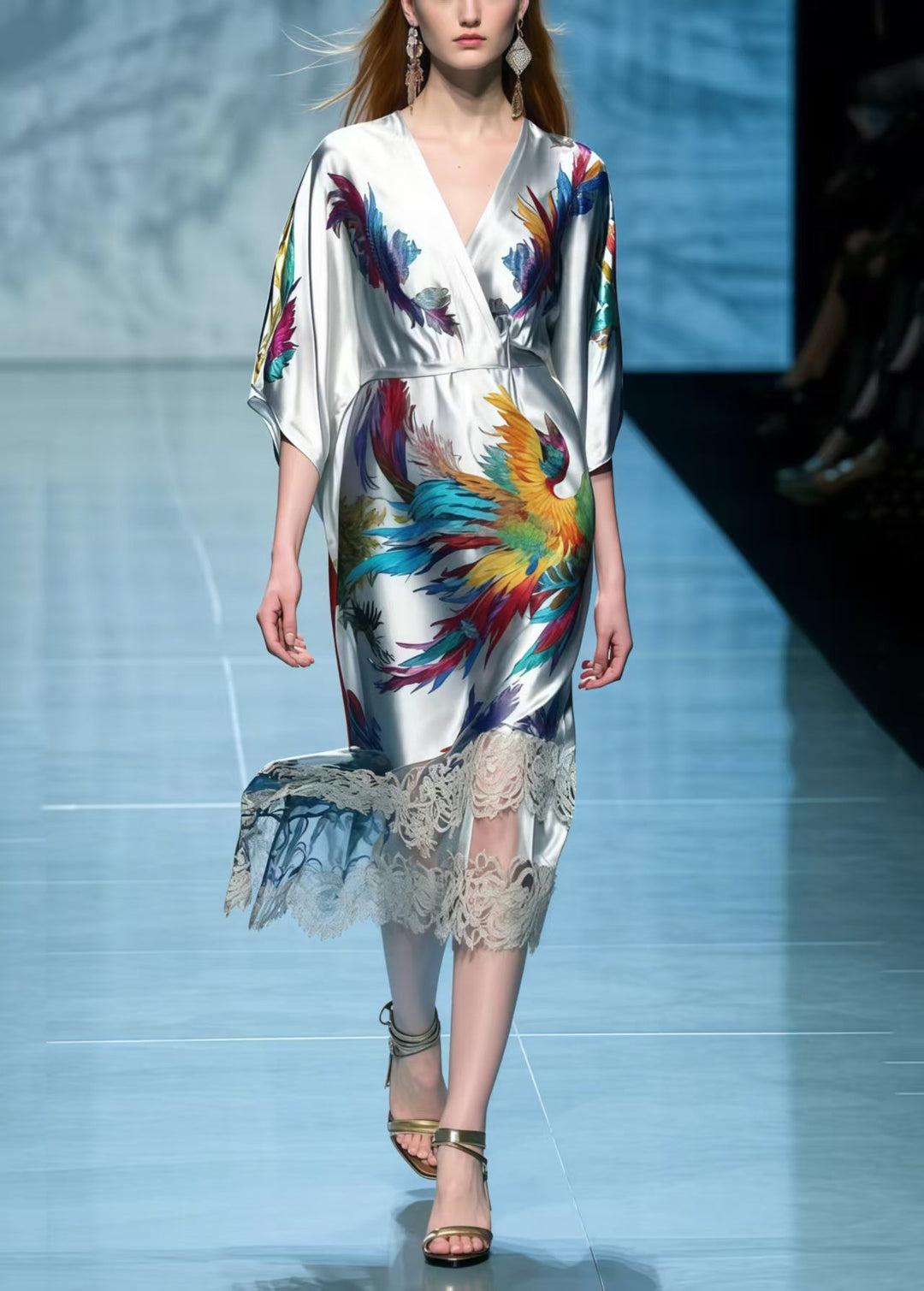 Simple Grey Phoenix Print Patchwork Lace Dress Summer