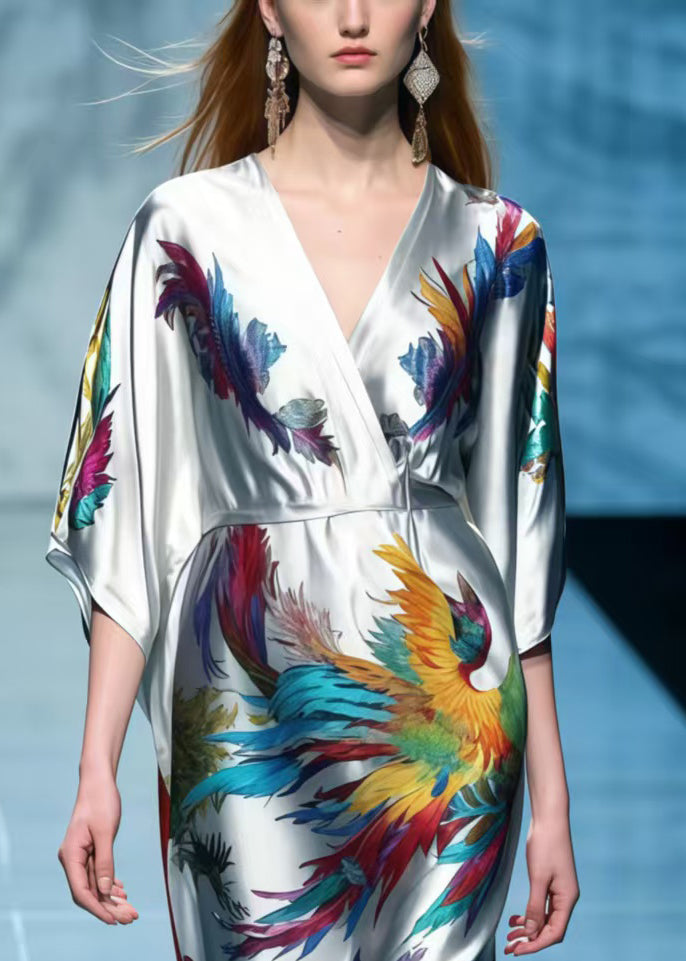 Simple Grey Phoenix Print Patchwork Lace Dress Summer