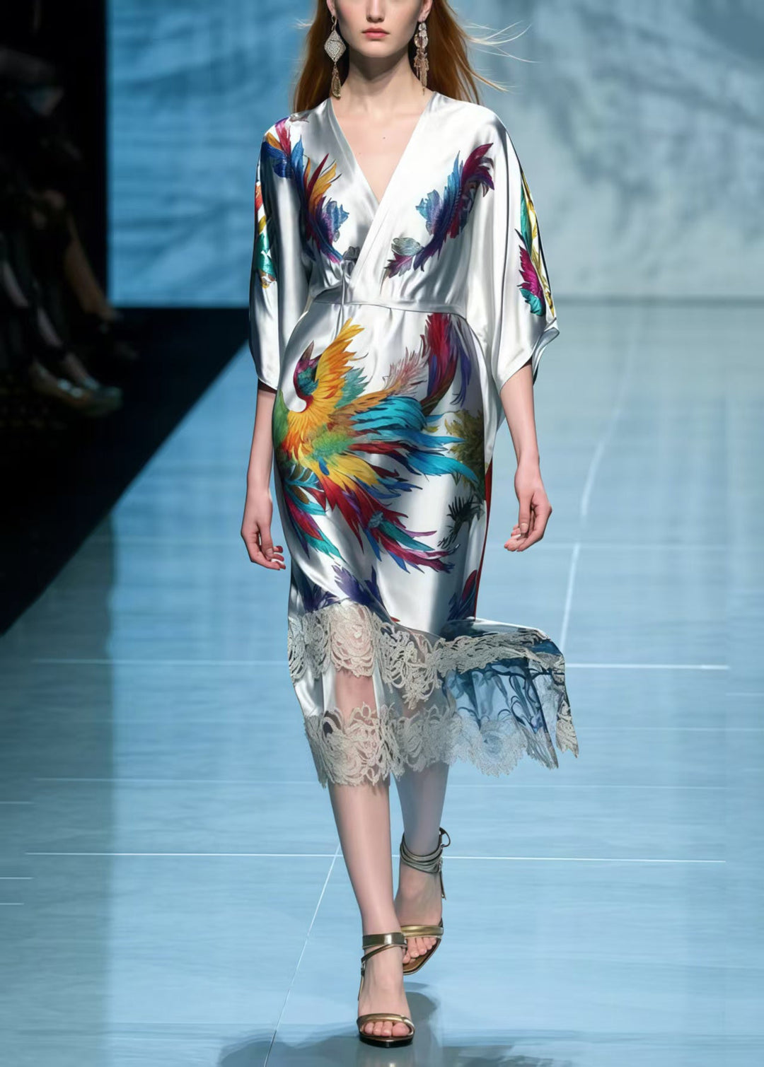 Simple Grey Phoenix Print Patchwork Lace Dress Summer