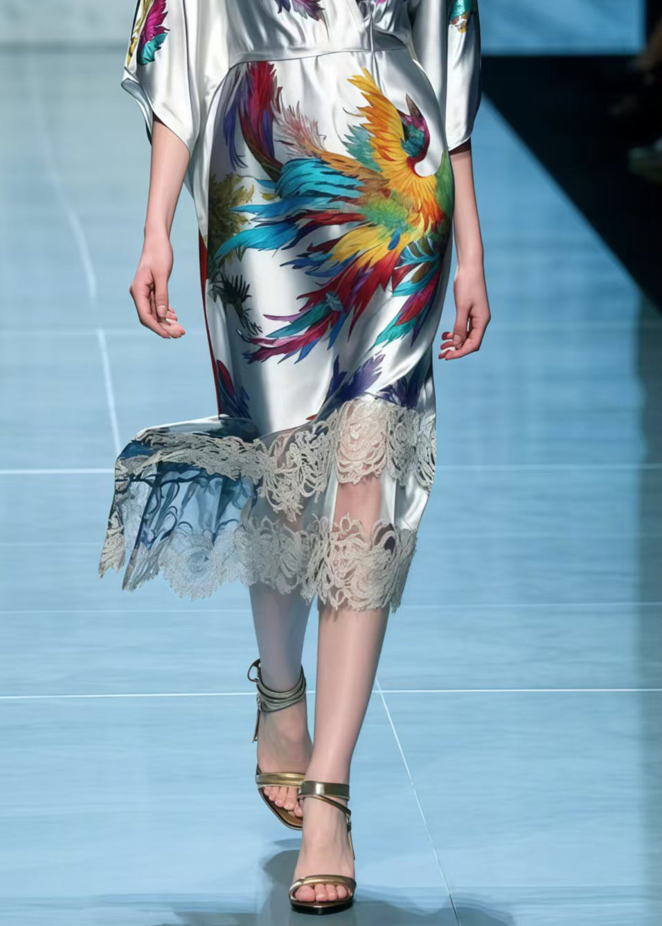 Simple Grey Phoenix Print Patchwork Lace Dress Summer