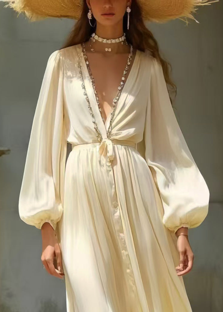 Simple Milk White Draping Silk Tunic Dress Spring