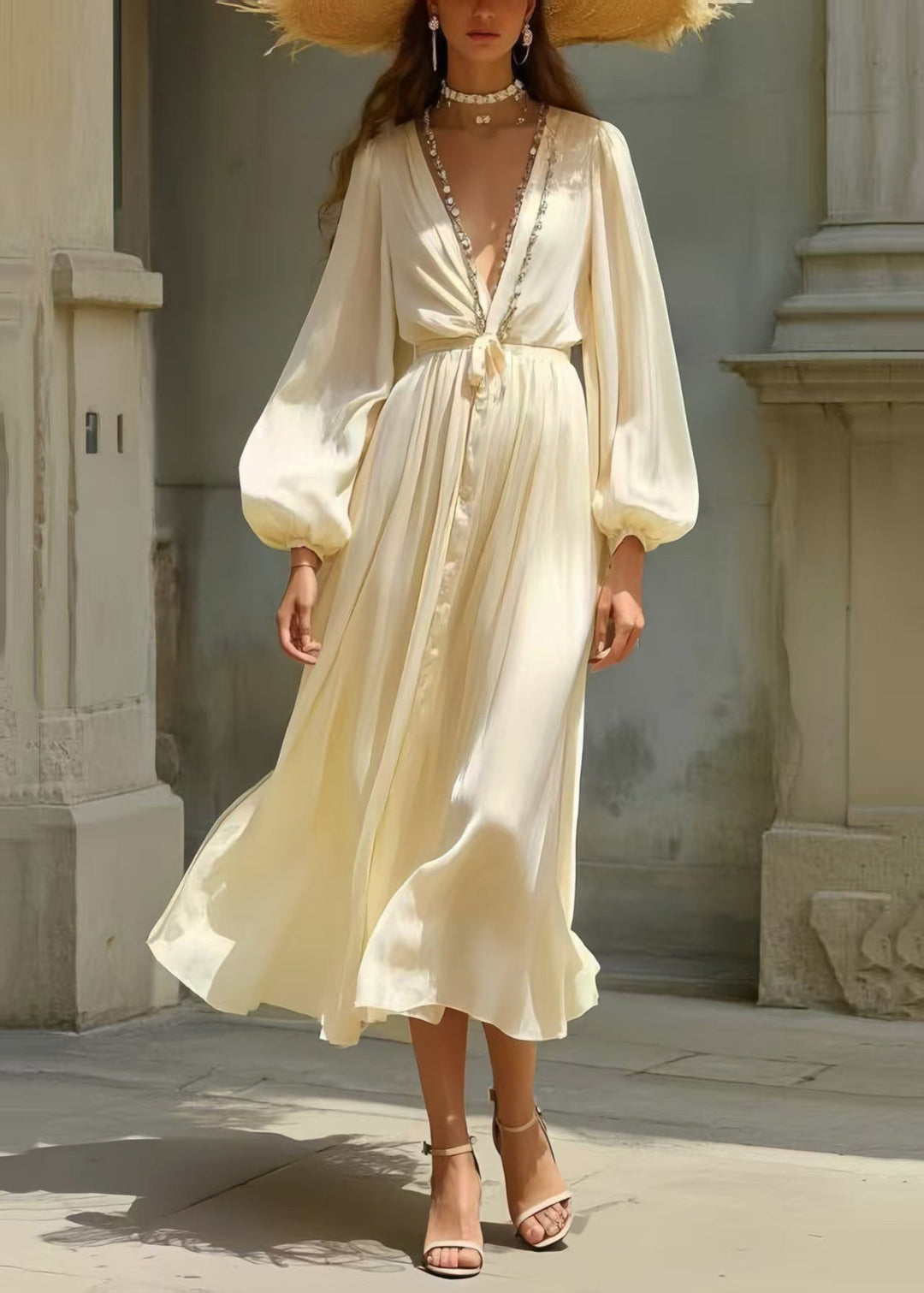 Simple Milk White Draping Silk Tunic Dress Spring