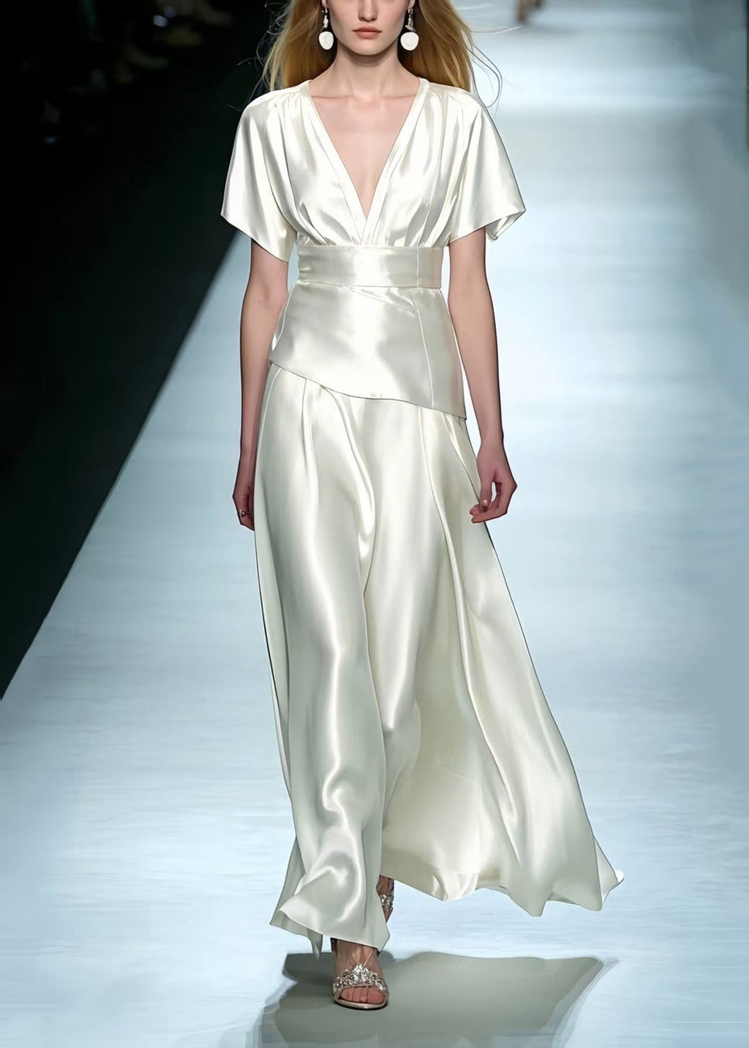 Simple Milk White Exra Large Hem Draping Silk Party Dress Summer