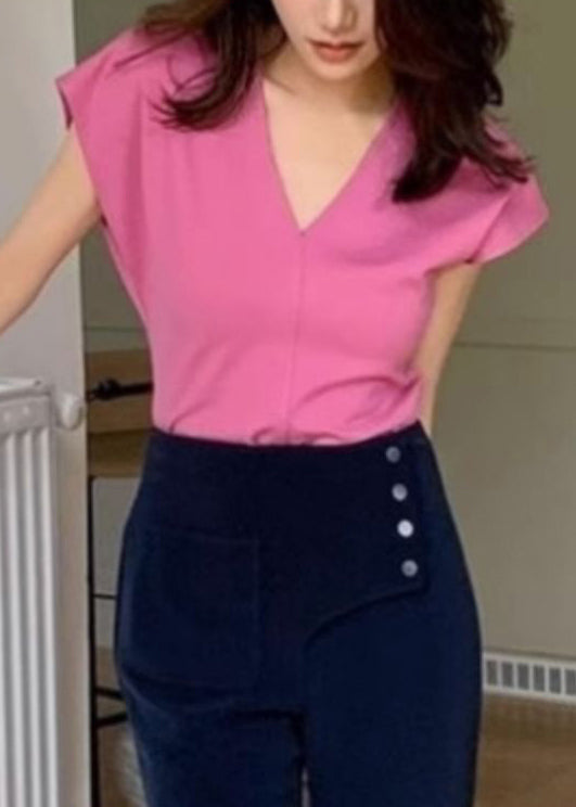 Simple Rose V Neck Solid Cotton T Shirts Summer