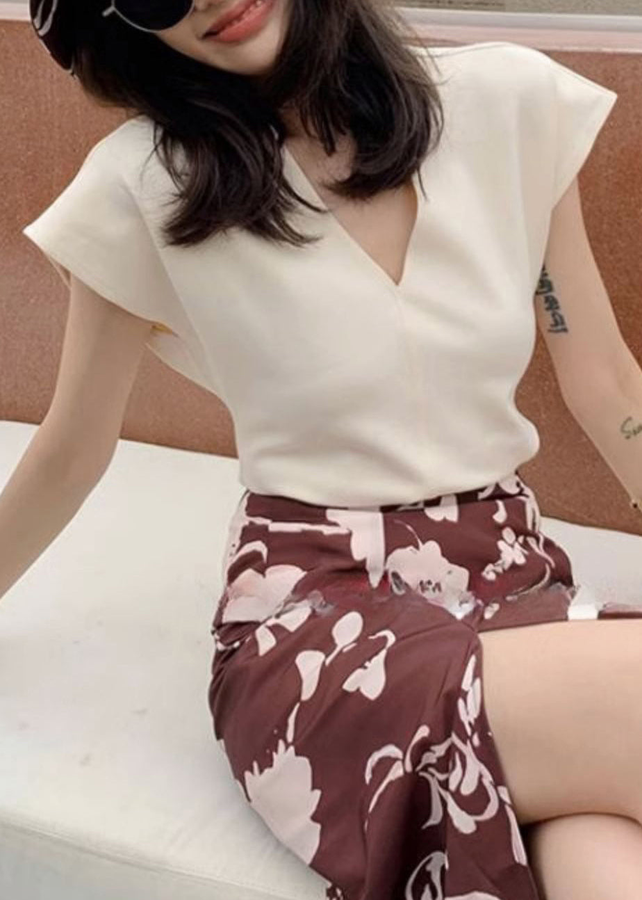 Simple Rose V Neck Solid Cotton T Shirts Summer