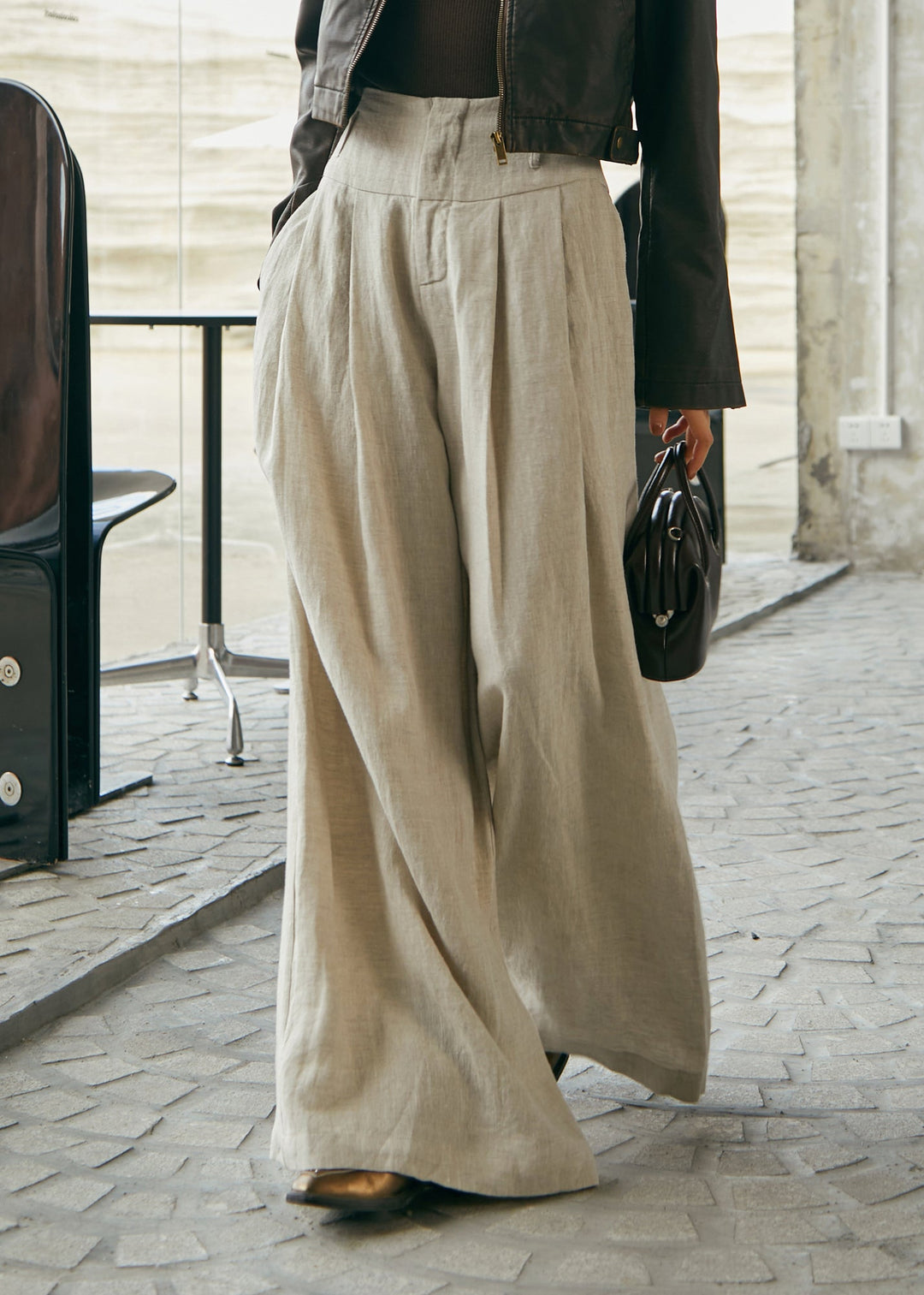 Simple Style High Waist Linen Wide Leg Pants Fall