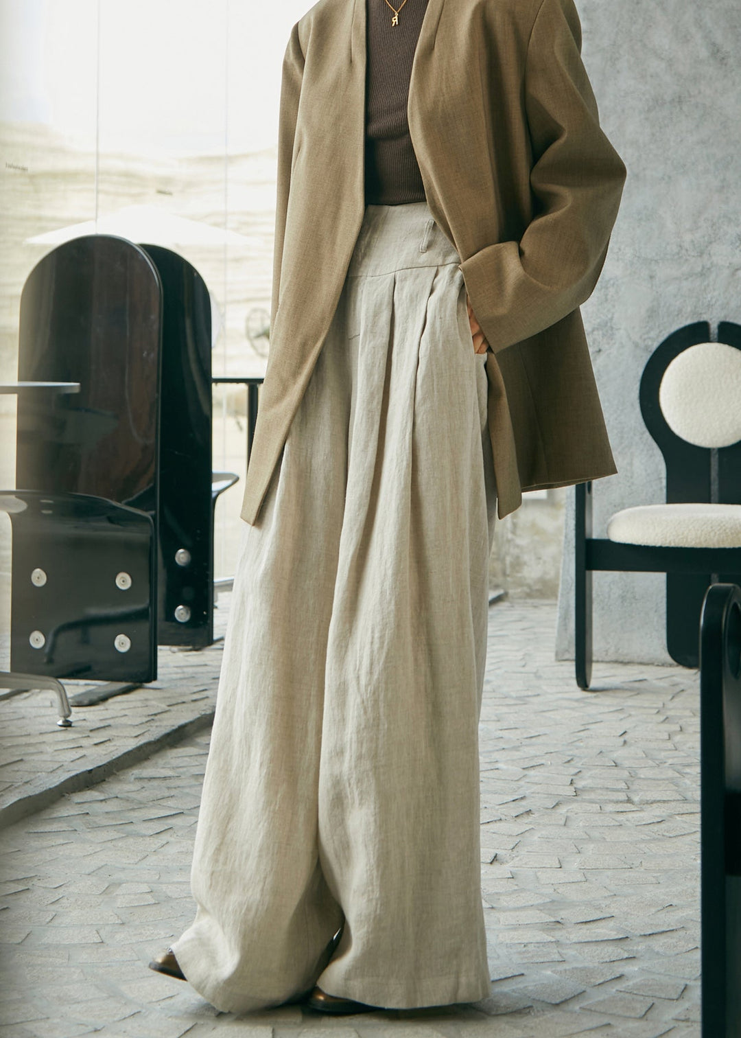 Simple Style High Waist Linen Wide Leg Pants Fall