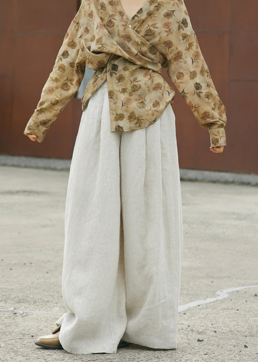 Simple Style High Waist Linen Wide Leg Pants Fall