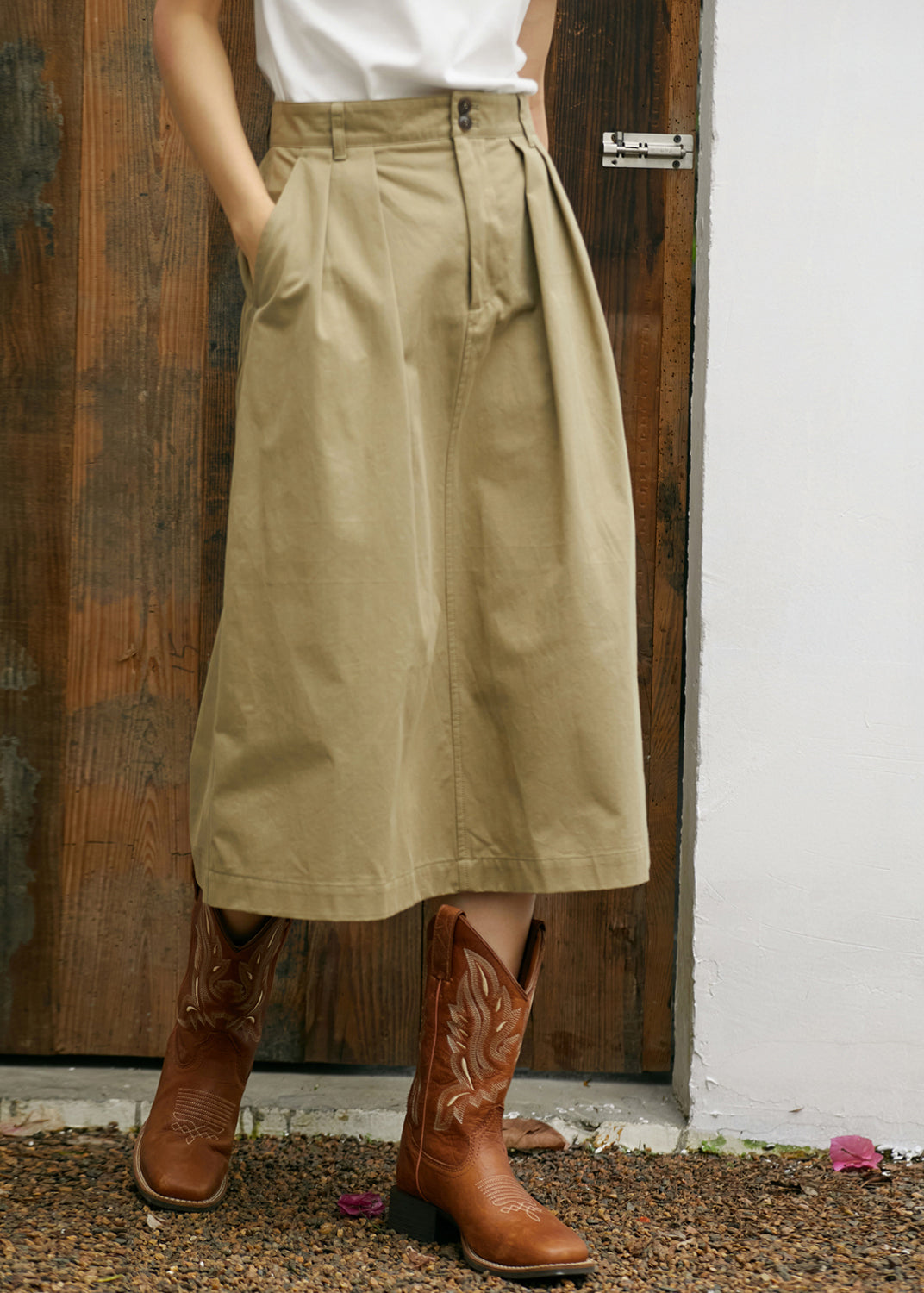 Simple Style Khaki Pockets High Waist Cotton Skirts Summer