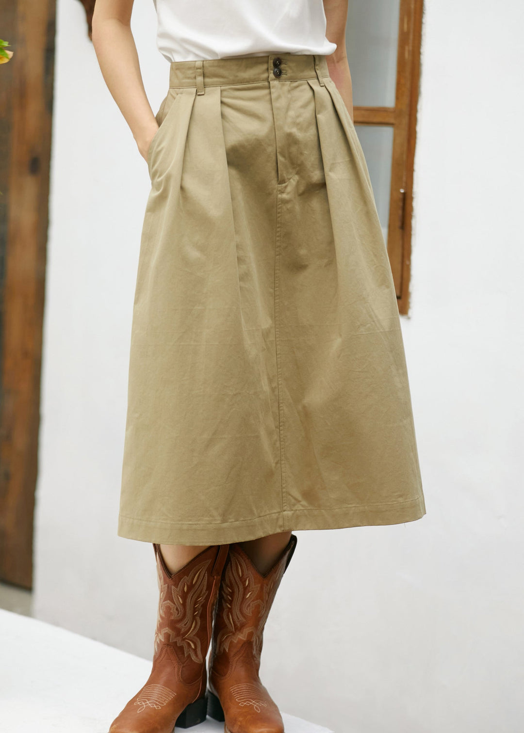 Simple Style Khaki Pockets High Waist Cotton Skirts Summer