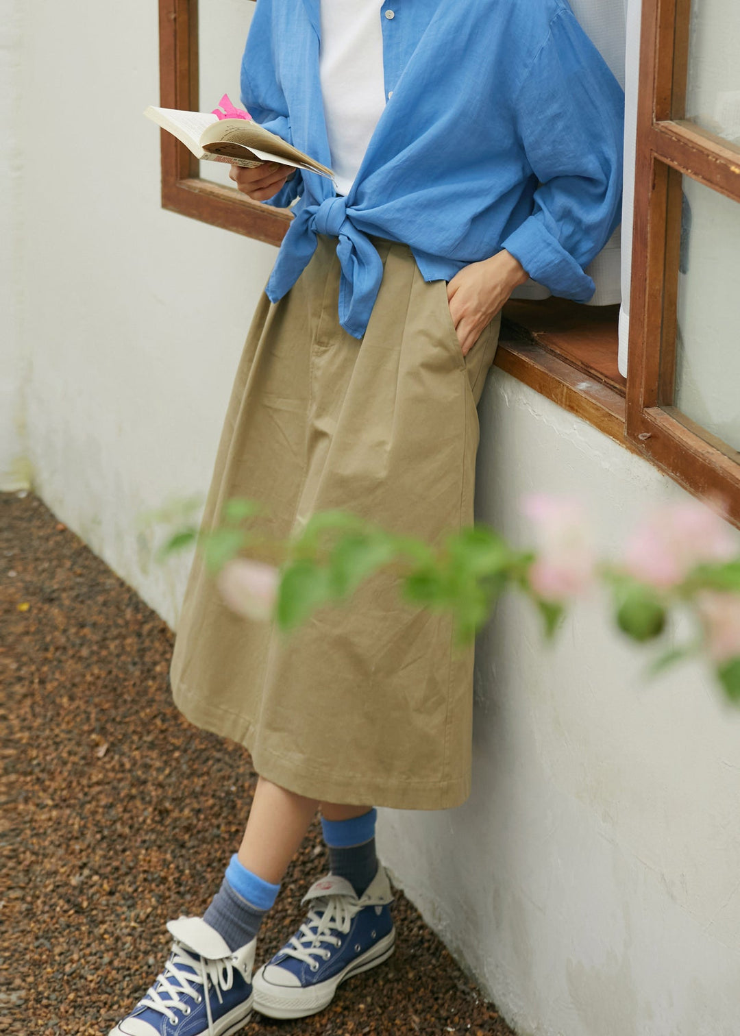 Simple Style Khaki Pockets High Waist Cotton Skirts Summer