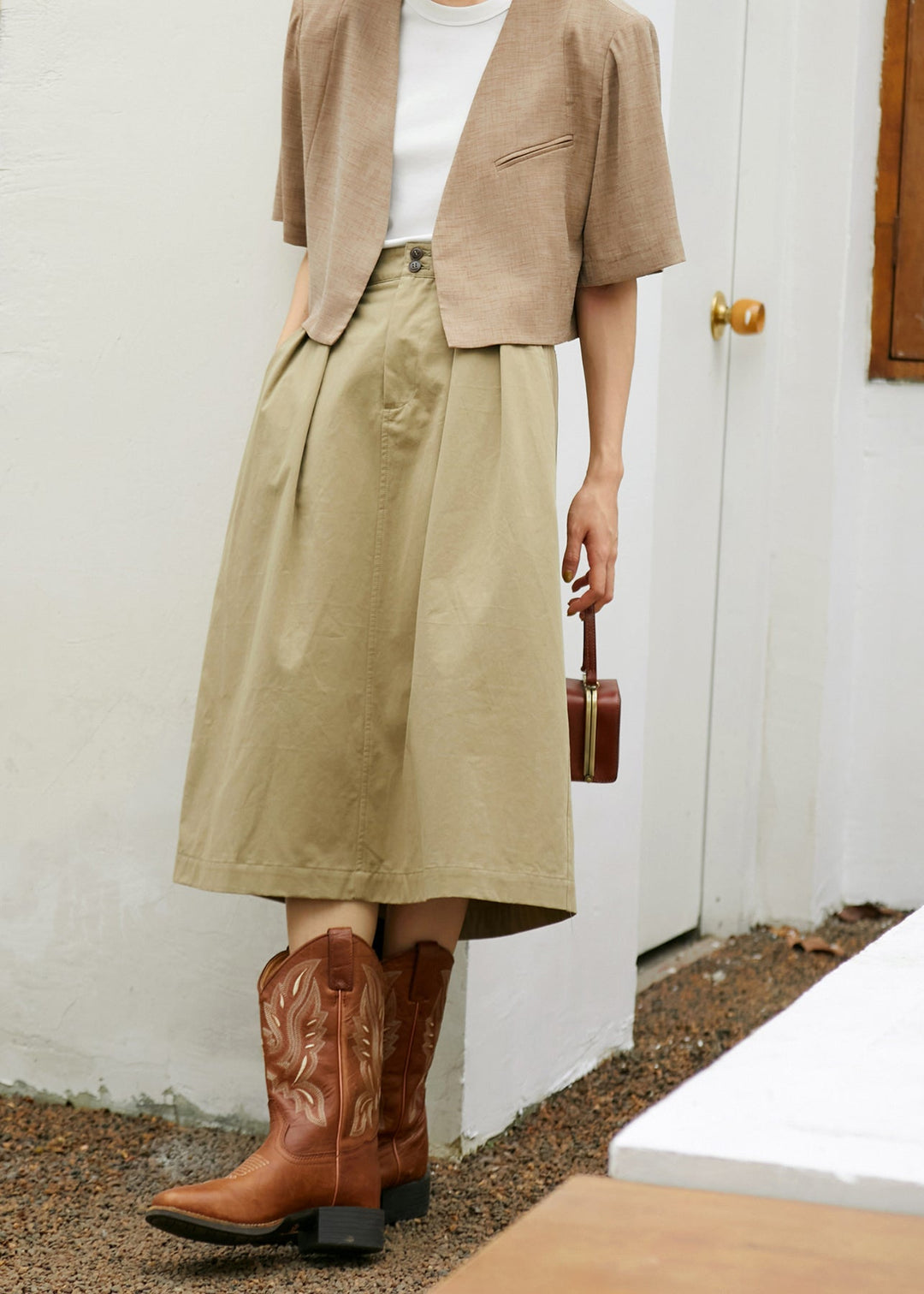 Simple Style Khaki Pockets High Waist Cotton Skirts Summer