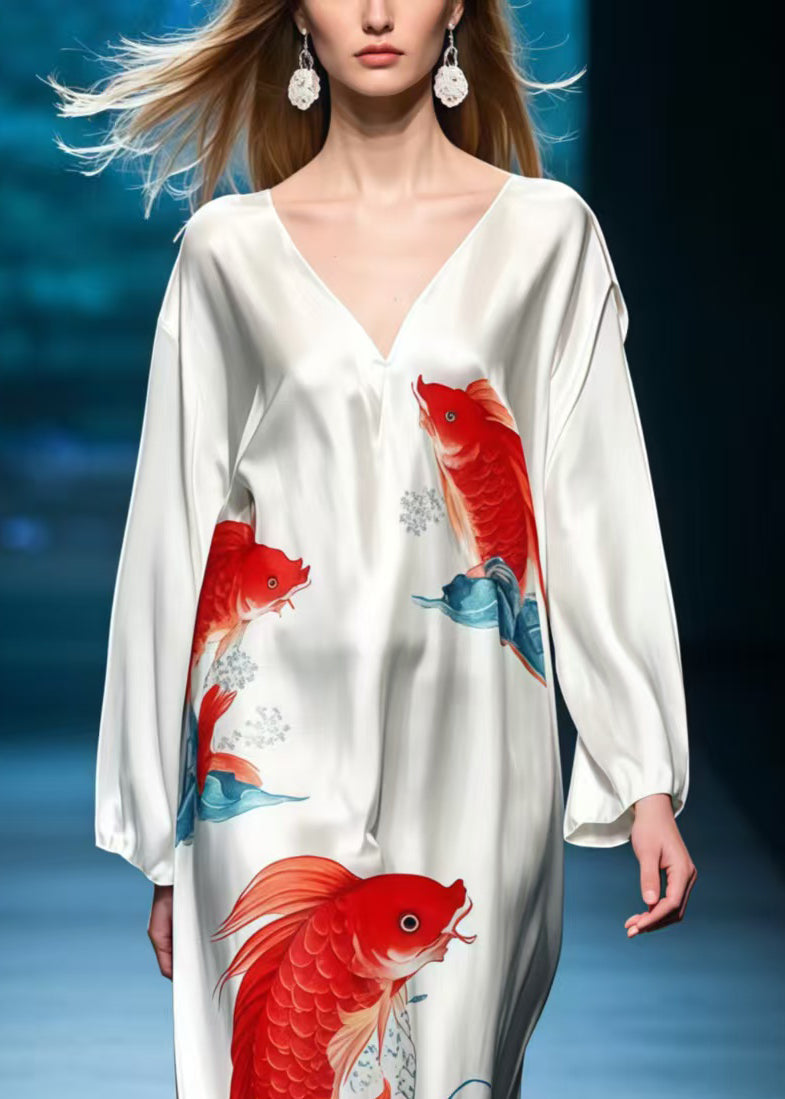 Simple White Oversized Koi Fish Print Silk Long Dresses Spring