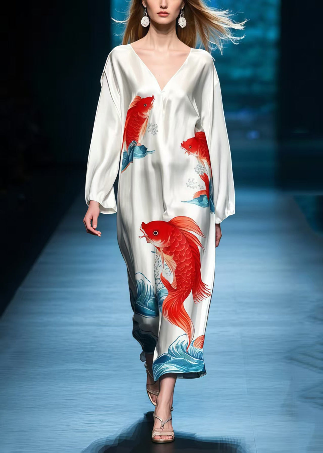Simple White Oversized Koi Fish Print Silk Long Dresses Spring