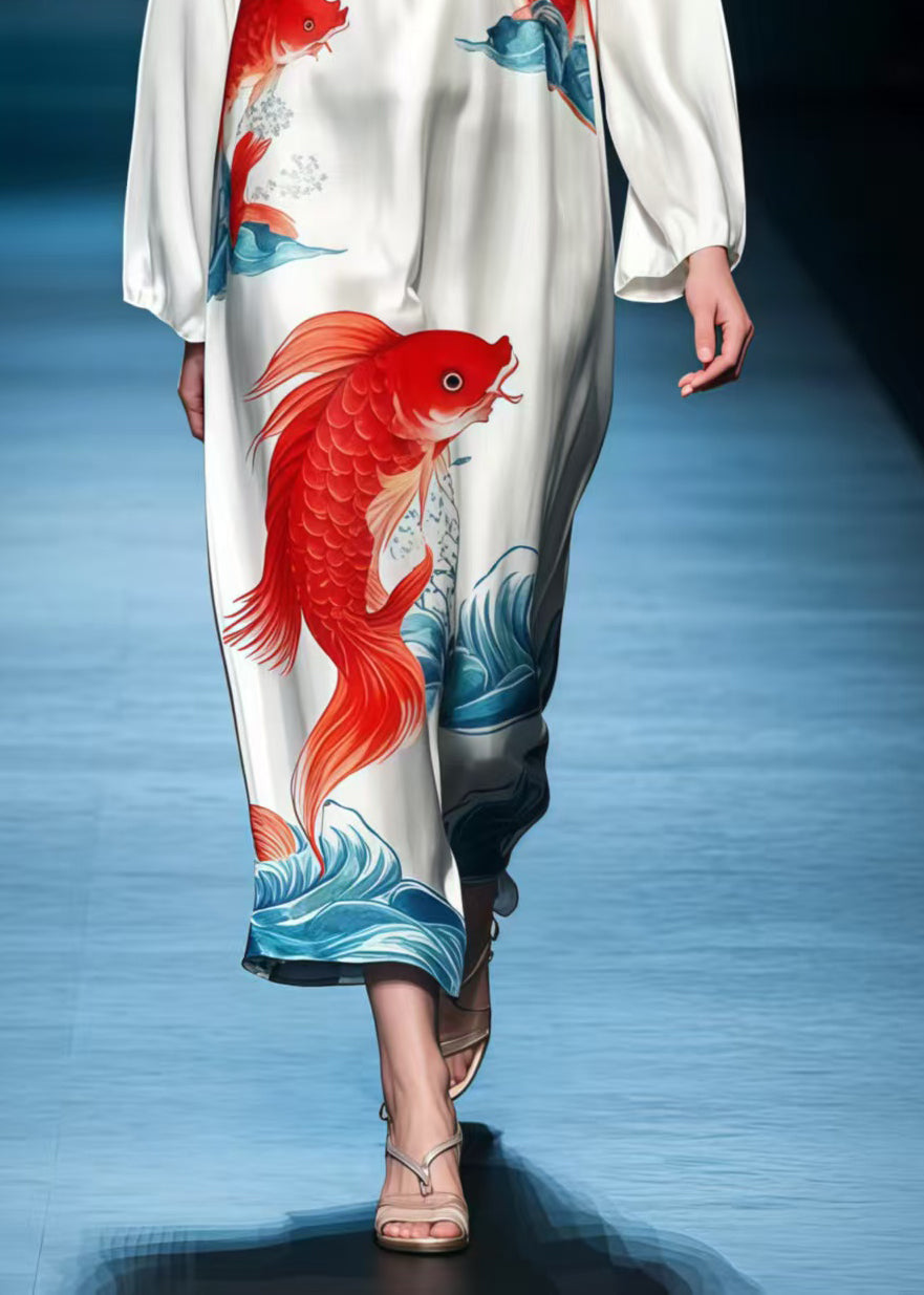 Simple White Oversized Koi Fish Print Silk Long Dresses Spring