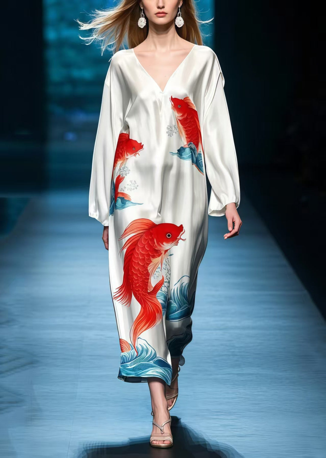 Simple White Oversized Koi Fish Print Silk Long Dresses Spring