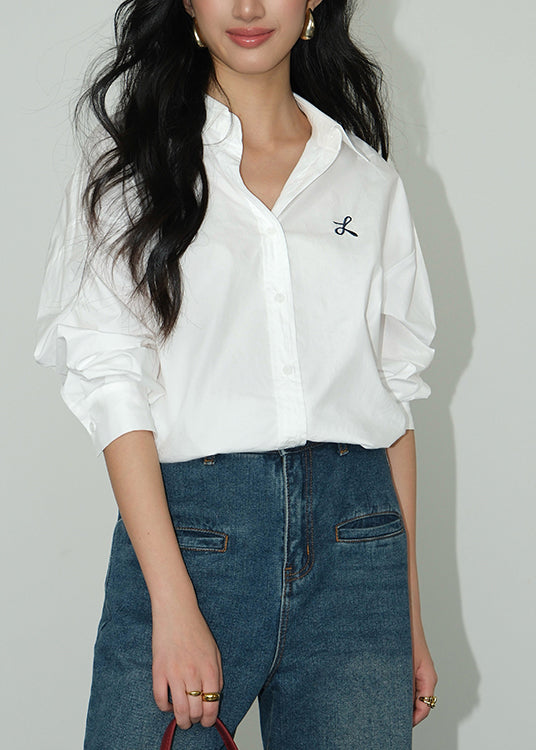 Simple White Peter Pan Collar Embroidered Cotton Top Fall