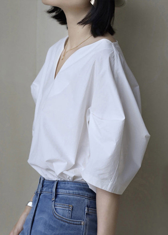 Simple White V Neck Solid Cotton Shirt Half Sleeve