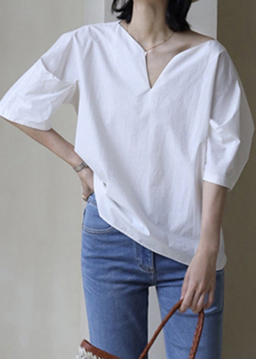Simple White V Neck Solid Cotton Shirt Half Sleeve