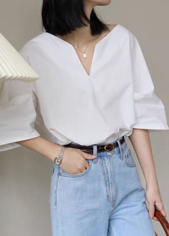 Simple White V Neck Solid Cotton Shirt Half Sleeve