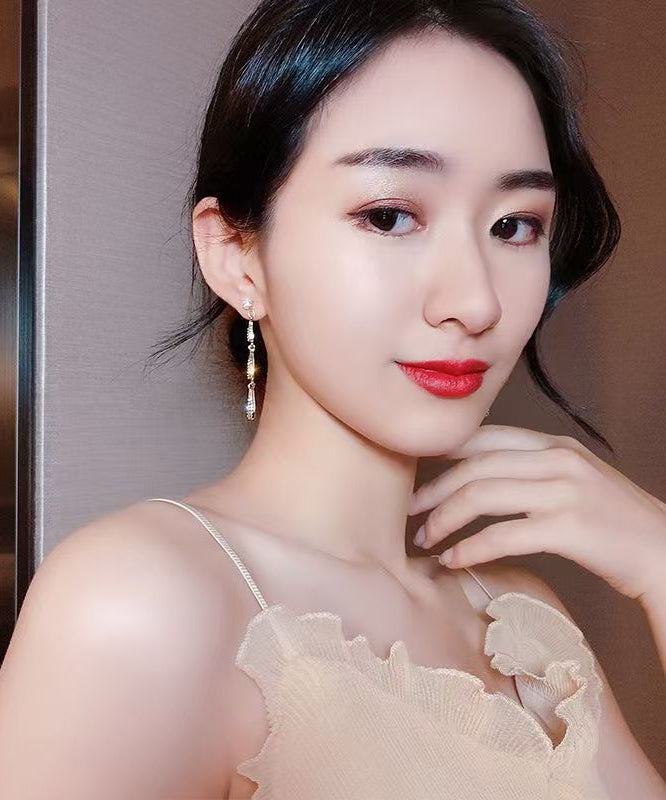 Skinny Gold Copper Alloy Zircon Water Drop Tassel Drop Earrings