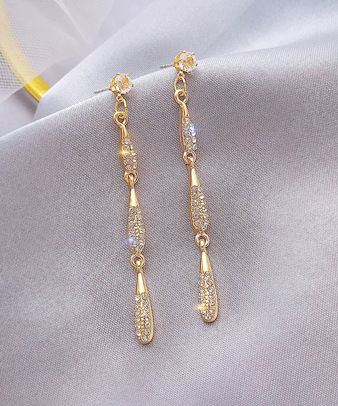 Skinny Gold Copper Alloy Zircon Water Drop Tassel Drop Earrings