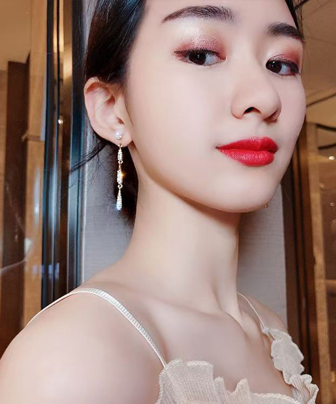 Skinny Gold Copper Alloy Zircon Water Drop Tassel Drop Earrings