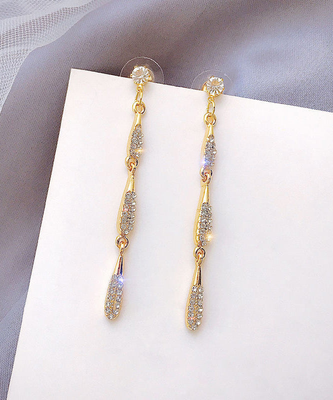 Skinny Gold Copper Alloy Zircon Water Drop Tassel Drop Earrings