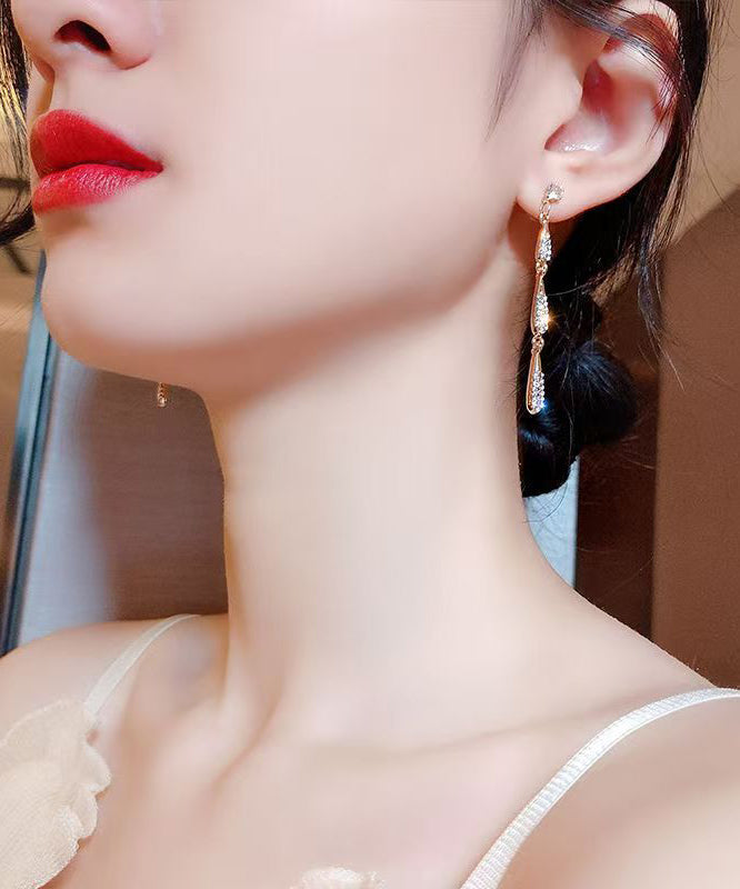 Skinny Gold Copper Alloy Zircon Water Drop Tassel Drop Earrings