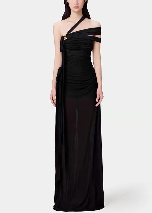 Slim Fit Black Asymmetrical Lace Up Cotton Party Dress Sleeveless