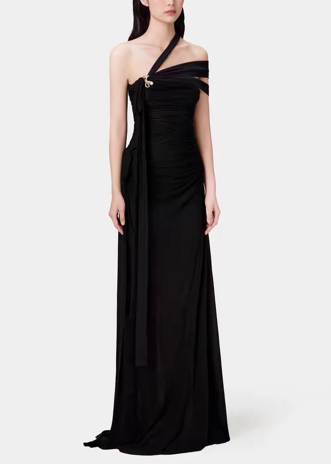 Slim Fit Black Asymmetrical Lace Up Cotton Party Dress Sleeveless