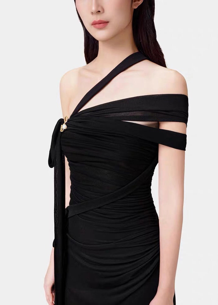 Slim Fit Black Asymmetrical Lace Up Cotton Party Dress Sleeveless