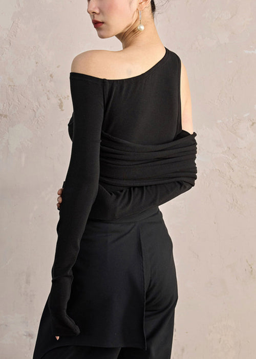 Slim Fit Black Asymmetrical Solid Cotton T Shirt Fall