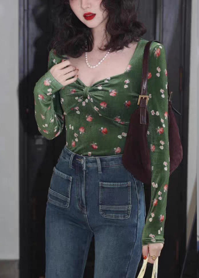 Slim Fit Green Square Collar Print Cotton T Shirts Tops Fall