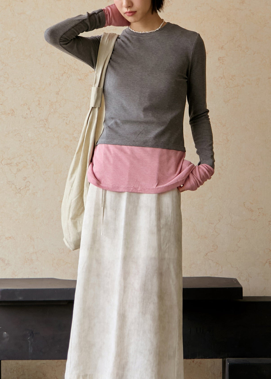 Slim Fit Grey Pink O Neck Patchwork Cotton Top Fall