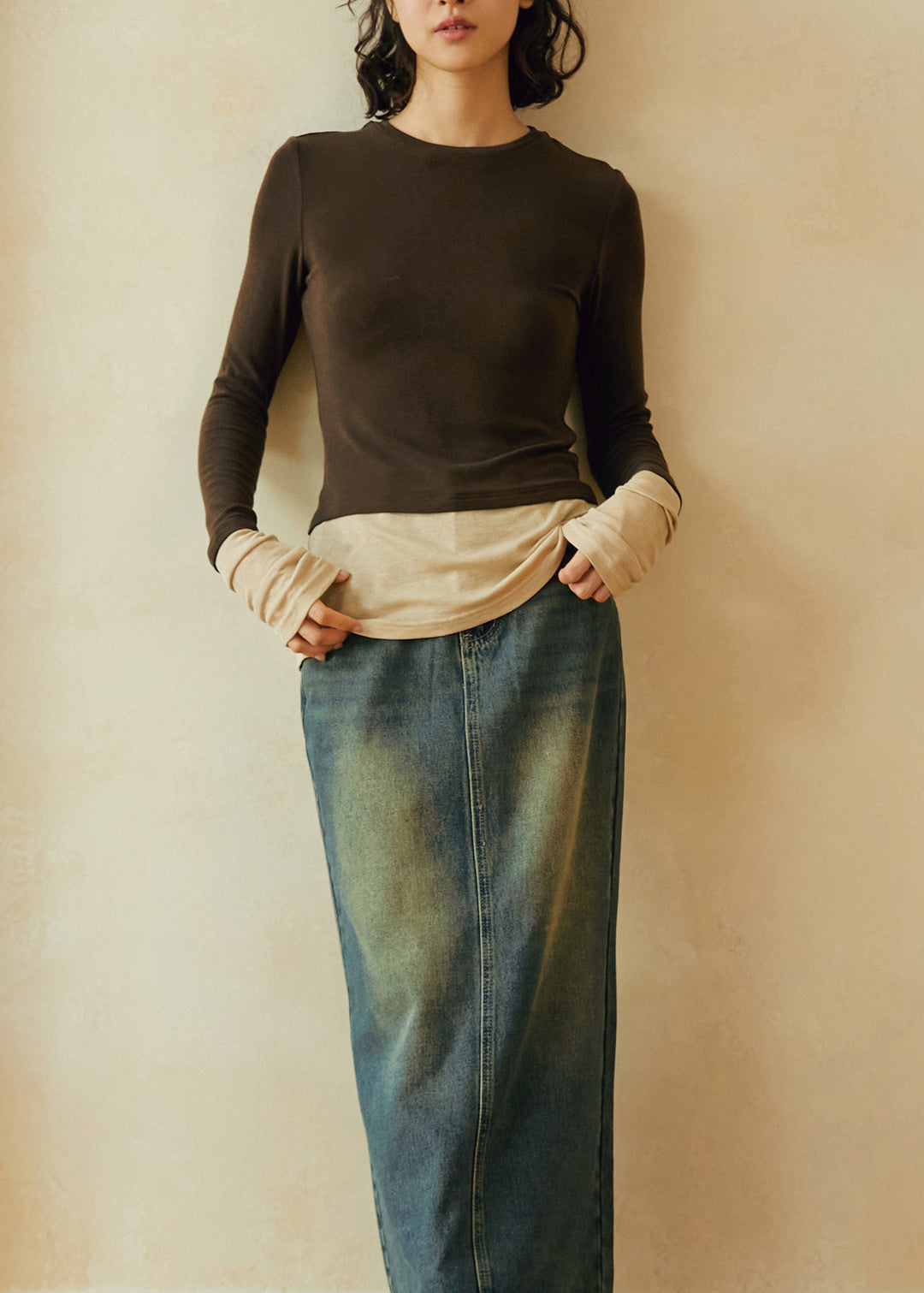 Slim Fit Grey Pink O Neck Patchwork Cotton Top Fall