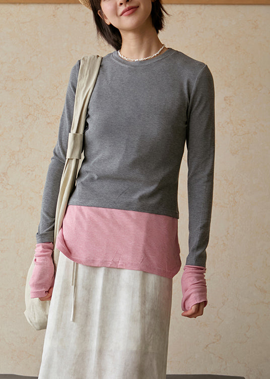 Slim Fit Grey Pink O Neck Patchwork Cotton Top Fall