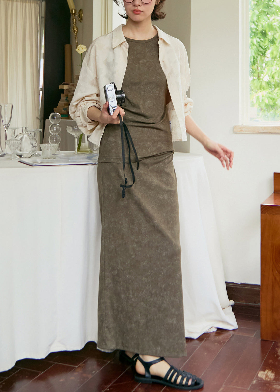 Slim Fit O Neck Top And Skirts Cotton Two Pieces Set Sleeveless