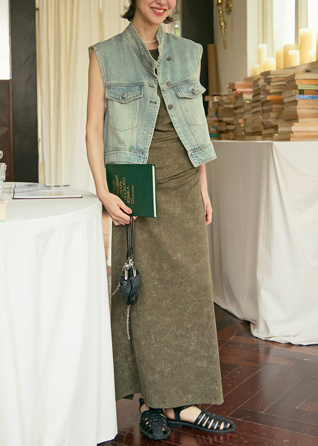 Slim Fit O Neck Top And Skirts Cotton Two Pieces Set Sleeveless