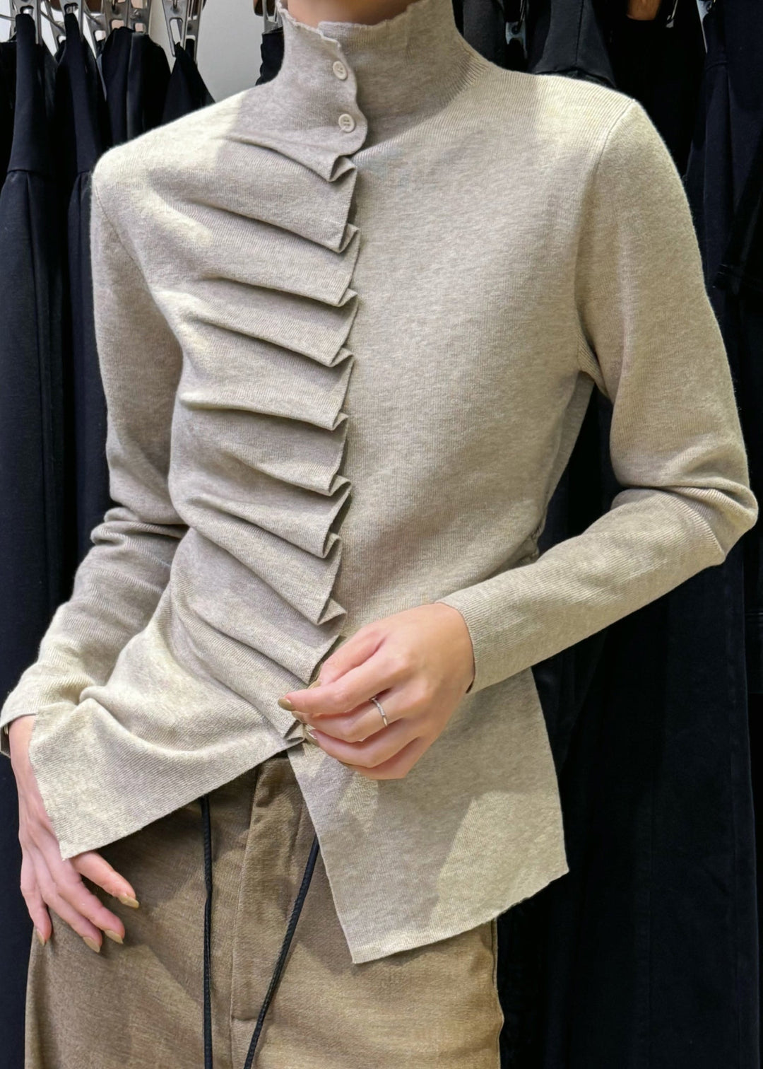 Slim Fit Oatmeal Wrinkled Button Knit Sweater Winter