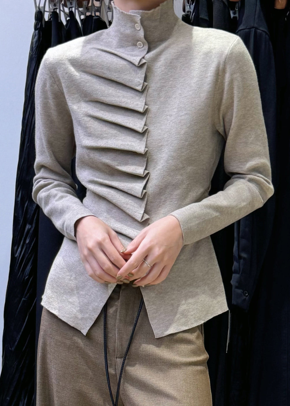 Slim Fit Oatmeal Wrinkled Button Knit Sweater Winter