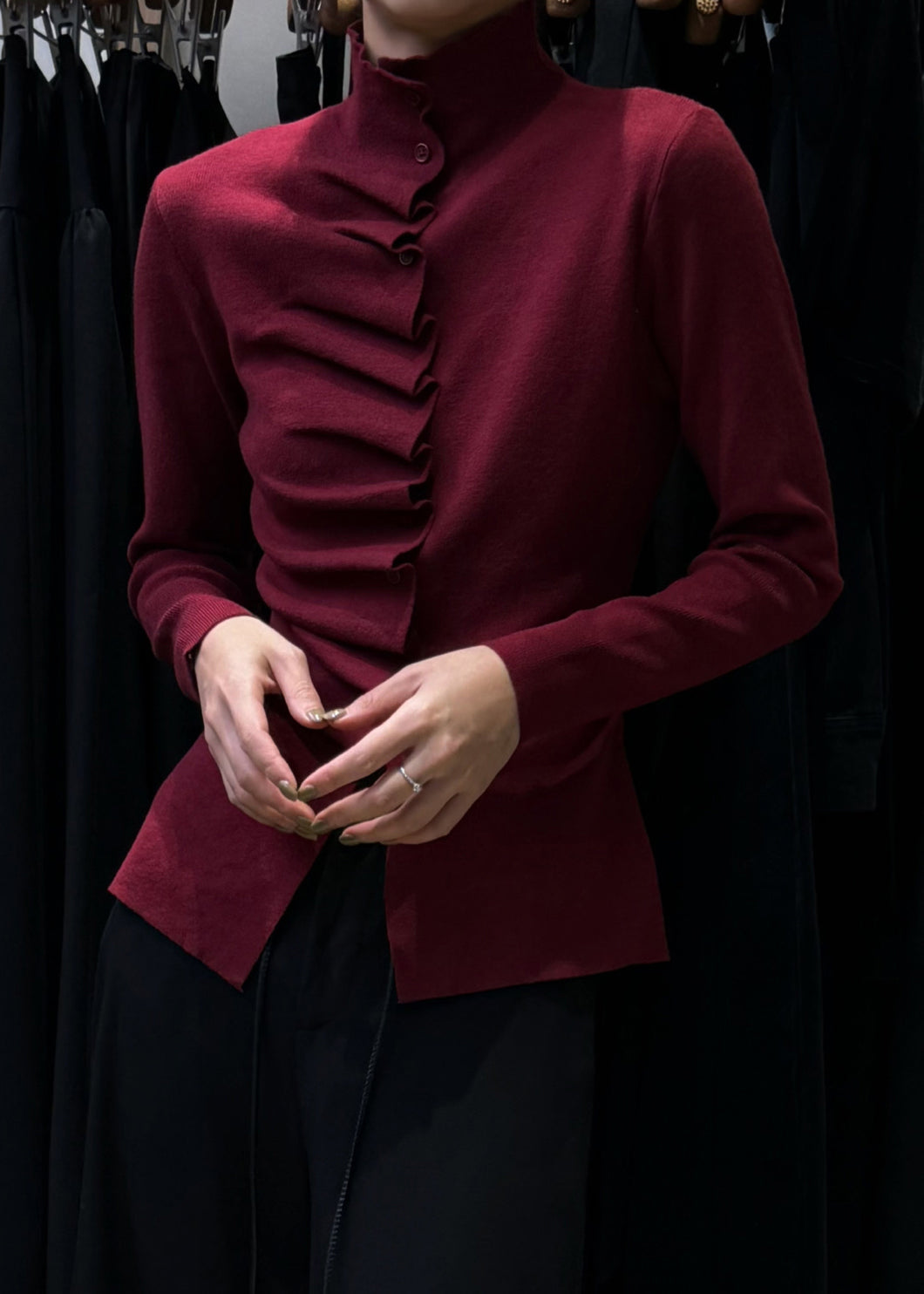 Slim Fit Oatmeal Wrinkled Button Knit Sweater Winter